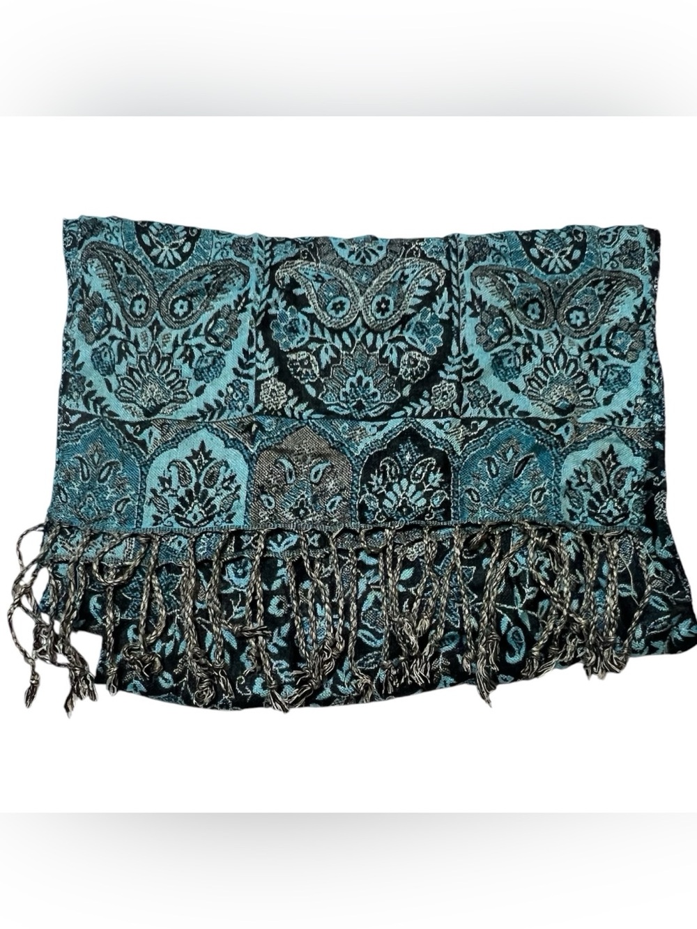 Cashmere & silk blend teal & black floral bohemian scarf with fringe